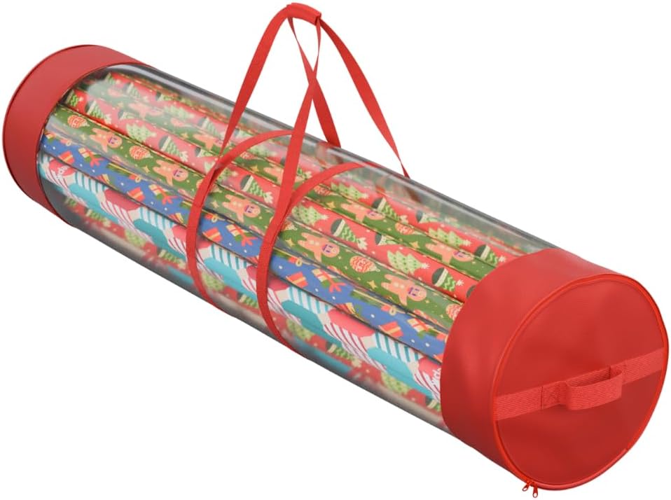 ProPik Gift Wrap Organizer - Heavy-Duty Wrapping Paper Storage Bag | Holds 24 Rolls, 40 Inch Long, Red & Clear