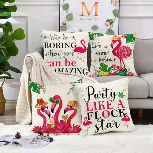 Summer Flamingo Throw Pillow Covers - Set of 4, 18x18 Inch
