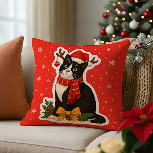 Red Christmas Tuxedo Cat Pillow Cover 18x18 - Festive Decor