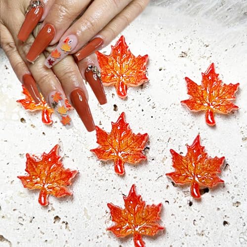 100Pcs 3D Fall Maple Leaf Nail Art Charms - Orange Gold Resin Autumn Gems