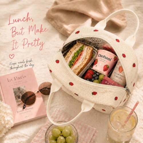 Cute Strawberry Insulated Lunch Bag for Women - Durable Corduroy Tote