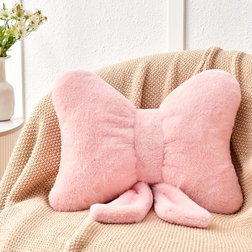 Soft Pink Bow Pillow - 12'' Decorative Throw Pillow with Faux Rabbit Fur