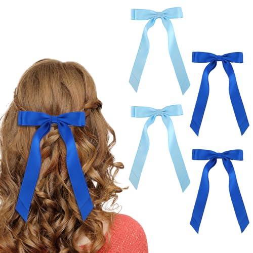Penitue Blue Satin Hair Bow Clips with Long Tail, 4 Pack