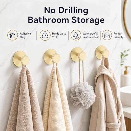 BVL Adhesive Towel Hooks, Brushed Gold Aluminum No-Drill Wall Hooks (4 Pack)
