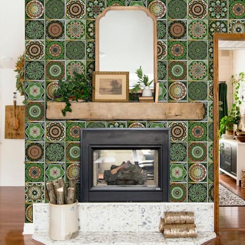 Mandala Tile Stickers 4x4IN - 24Pcs Green Peel & Stick Vinyl Tiles