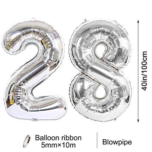 40 Inch Silver Number 28 Balloons - 2pcs Mylar for Parties