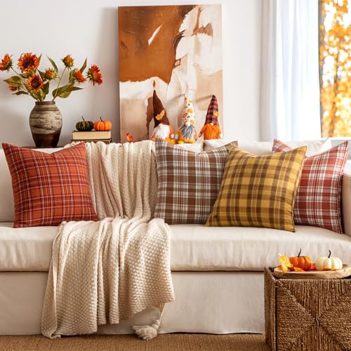 MIULEE Burnt Orange Plaid Pillow Covers 18x18 Inch - Set of 2