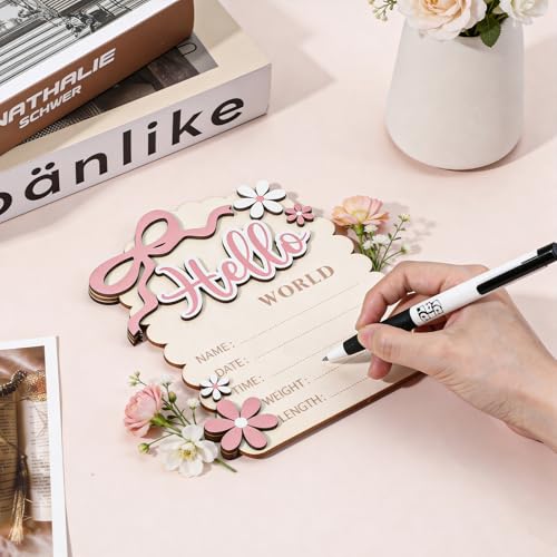 Hello World Newborn Announcement Sign - Double-Sided Baby Welcome Board with Bow & Daisy