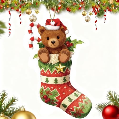 Adorable 2025 Bear Christmas Ornament - Santa Hat & Stocking