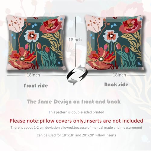 Poppy Floral Pillow Cover Red 18x18 - Bohemian Modern Art Style