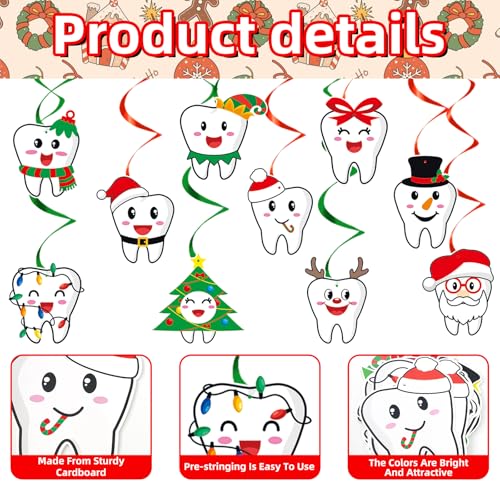 Tooth-Themed Christmas Hanging Swirls Decorations - 24 Pcs