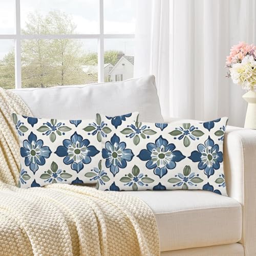 Tile Floral Lumbar Pillow Cover 12x20 Inch - Blue & Green Design
