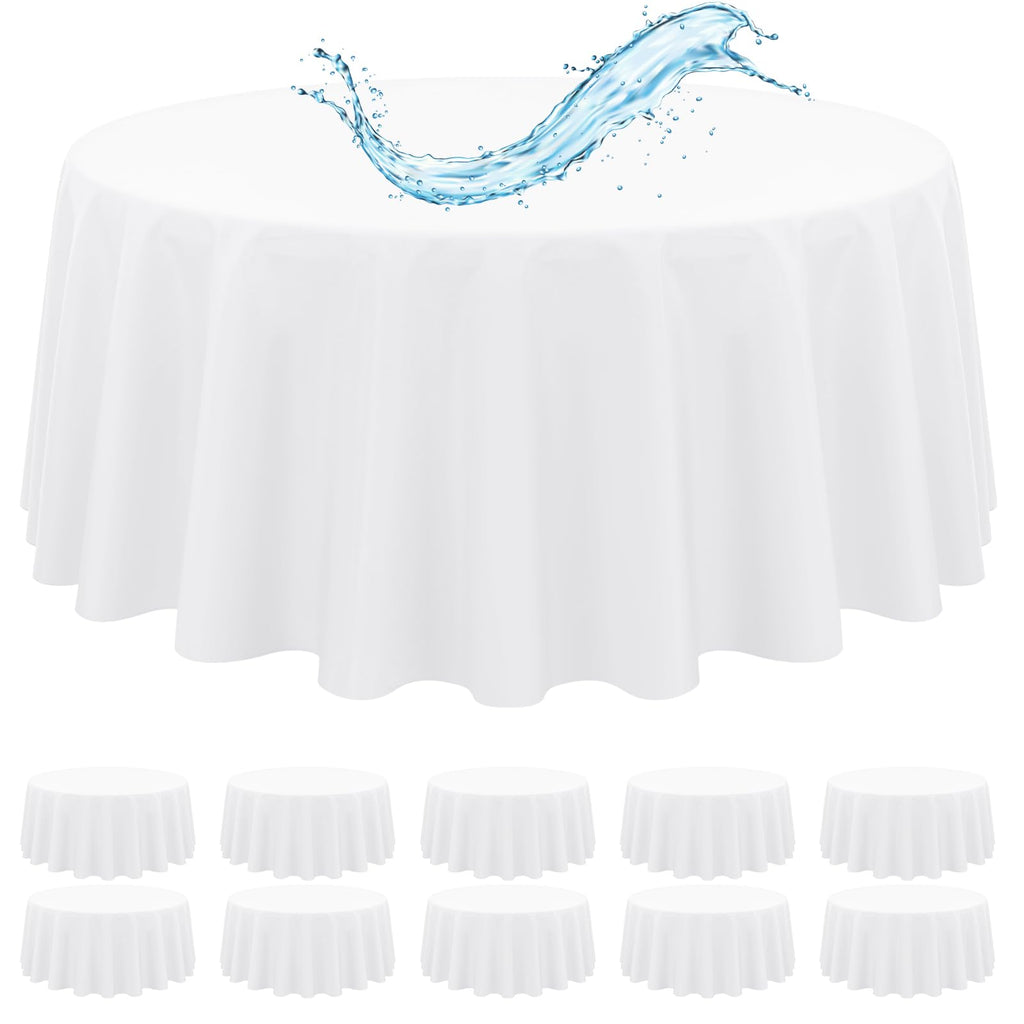 10 Pack White Round Tablecloth 90 Inch, Waterproof Polyester Table Cloth for Round Tables, White Tablecloths Stain and Wrinkle Resistant Washable Fabric Table Cover for Party Dining Wedding Banquet
