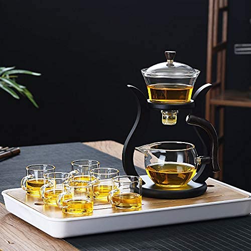 RORA Lazy Kungfu Glass Tea Set Semi Automatic Drip Rotating with Infuser Glass Teapot Set (6 cups)
