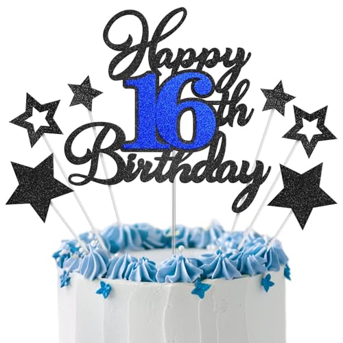 Happy 16th Birthday Cake Topper - Black Blue Glitter Decoration