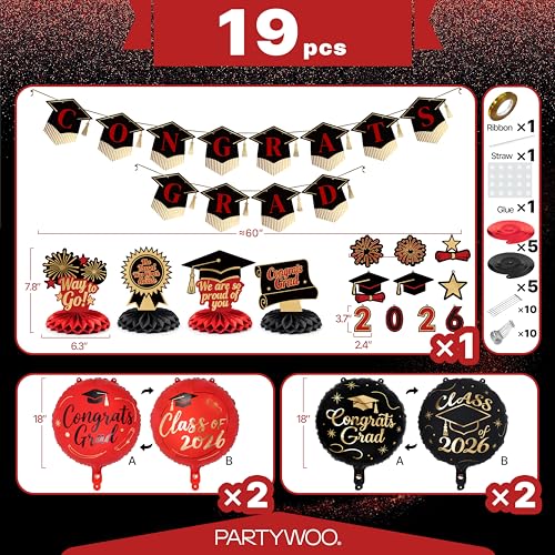 Class of 2026 Graduation Decorations Set - 19pcs Black & Red Kit