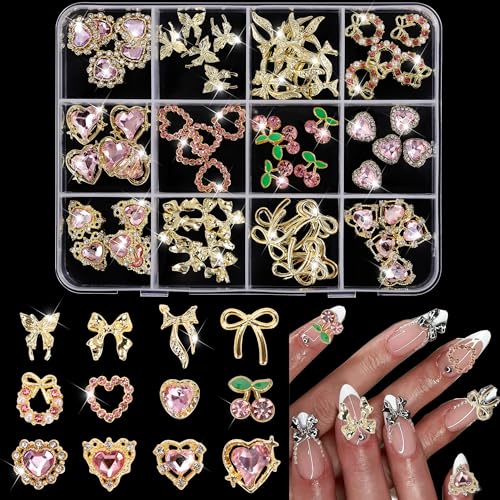 60 Pcs Heart Nail Charms Y2K Alloy Rhinestone & Bow Art Decorations
