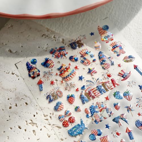 KRTBKR 5D Embossed 4th of July Nail Stickers American Flag Patriotic Decals