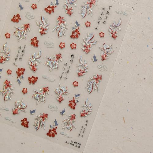 5D Embossed Golden Koi Fish Nail Art Stickers Spring Flowers Decals