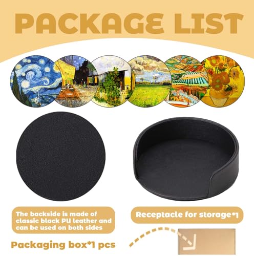 Van Gogh Style PU Leather Coaster Set of 6 with Holder - Handmade Art Drink Coasters for Home Decor & Gifts