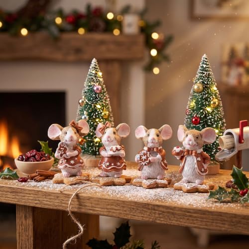 Honoson 12 Pcs Christmas Gingerbread Mouse Figurines - Resin Holiday Decor