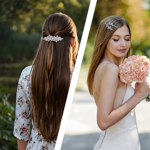 YBEATY 4 Pcs Rhinestone Leaf Hair Pins Silver Crystal Bridal Barrettes