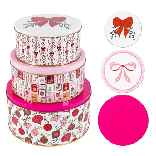 Martha Stewart Metal Cookie Tins, 3-Piece Nesting Set, Small, Medium & Large, Christmas Containers for Gift & Storage (Ornaments and Bows)