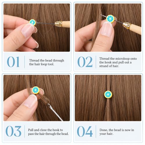 4Pcs Hair Extension Loop Tool Kit with Wooden Handle Threading Needles