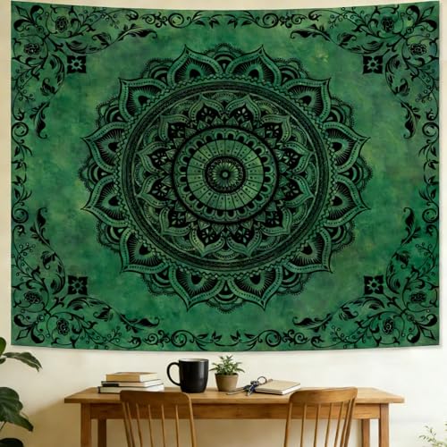 Green Mandala Tapestry Wall Hanging - Boho Cotton Art 51"x60"