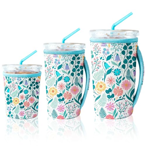 Reusable Iced Coffee Sleeves 3 Pack - Neoprene Insulated (White Flower Bush)