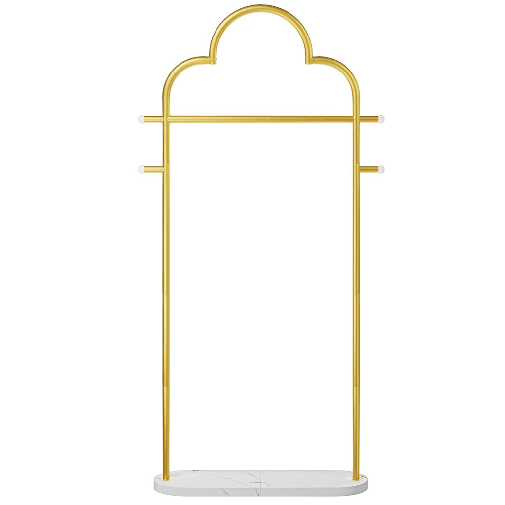 YATINEY Coat Rack Freestanding, Heavy Duty Clothes Rack with 4 Hooks, Metal Coat Hanger Stand with Stable Base, Gold Clothing Rack for Entryway, Bedroom, Office, Gold and Marble White YM04DM