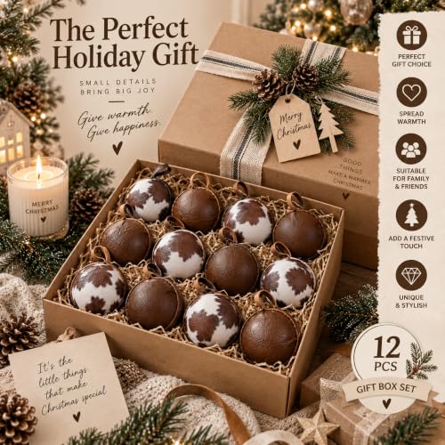 12 Pcs Cowhide Christmas Ornaments - Rustic Western Holiday Decor, 2.36 Inch