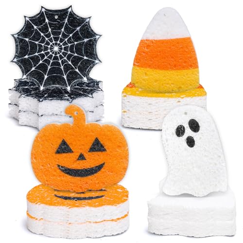 8-Pack Halloween Kitchen Sponges - Cute Ghost, Pumpkin & Corn Designs