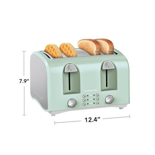 OVENTE Electric 4-Slice Toaster Machine with 6-Shade Selector Setting, Cancel Button, Defrost Function, Crumb Tray, 1400W Power and Wide Slots for Bagels, Waffles and Puff Pastry, Light Blue TS4410LBL