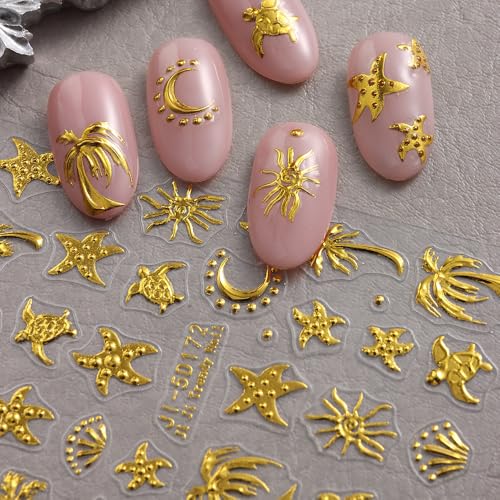 Qdsuh 5D Embossed Ocean Summer Nail Stickers Palm Tree Starfish Decals