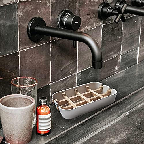 Aoheuo Bamboo Fiber Soap Dish with Removable Drain Tray, White Soap Holder