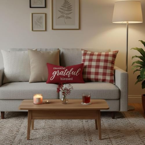Farmhouse Thankful Thank You Blessed Throw Pillow Cover 12x20 Crimson Red - Double-Sided Polyester