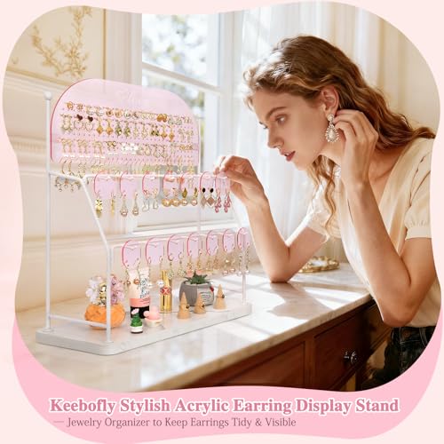 Keebofly Pink Acrylic Earring Organizer Stand with 300 Holes & 14 Hooks