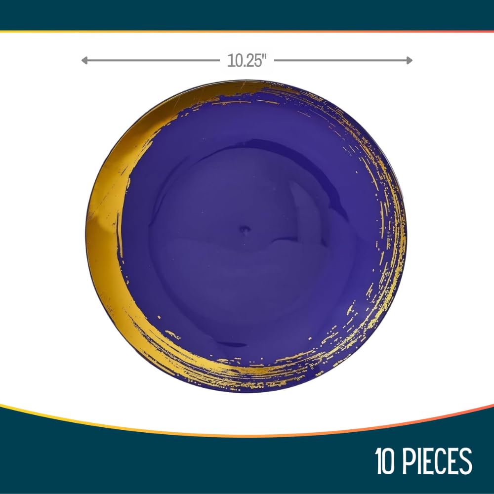 Silver Spoons Elegant Blue Disposable Plastic Dinner Plates with Brushed Gold Rim - 10.25" (Pack of 10) - Ideal for Weddings, Parties & Special Occasion