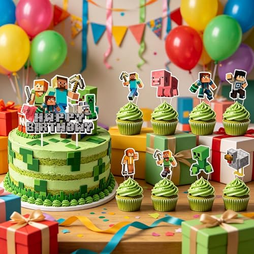 Green Pixel Miner Style Birthday Cake Toppers - 25 Pcs Party Supplies