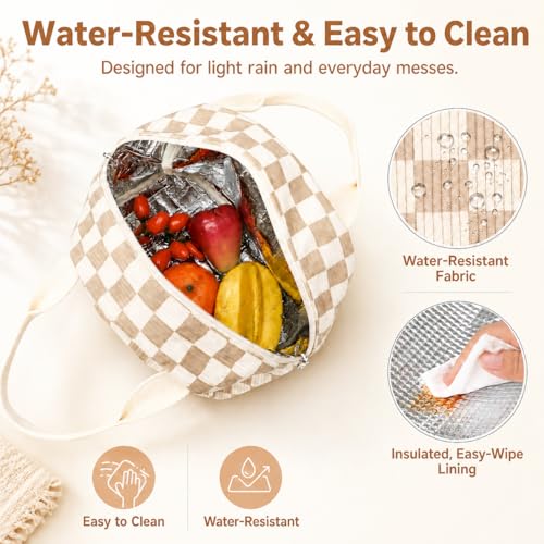 Bluboon Insulated Lunch Bag - 10L Brown Checkered Corduroy Lunch Tote