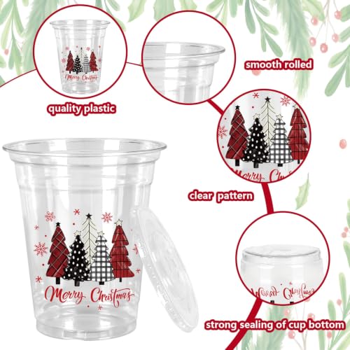 Christmas Tree Plastic Cups with Lids & Straws - Red & Black Holiday Party Supplies - 12oz - Variation of THIS listing