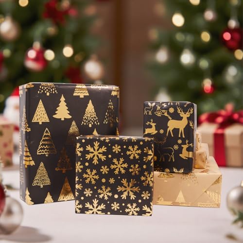 Black Gold Christmas Wrapping Paper Roll Set - 3 Rolls, 17x118 in