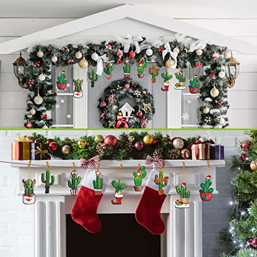 27 Pieces Christmas Tree Ornaments Set - Wooden Cactus with Santa Hat Decorations