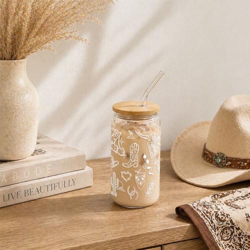 Cowgirl Glass Cup with Bamboo Lid and Straw - 16oz Western Iced Coffee Tumbler