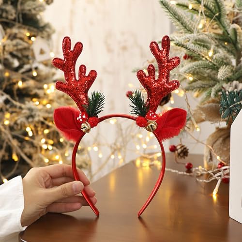 Xepeelo Red Antler Christmas Headband with Glitter Deer Ears and Bells