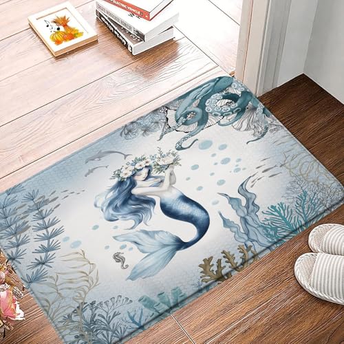 Mermaid Bath Mat, Blue Ocean Memory Foam Bathroom Rug 18" x 30"