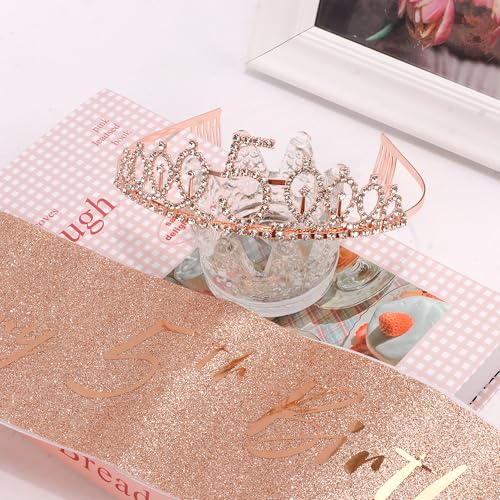 AOPRIE Rose Gold 5th Birthday Tiara and Sash Set for Women and Girls