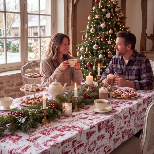 Christmas Toile Tablecloth 60x84 Inch Burgundy Vintage French Pattern