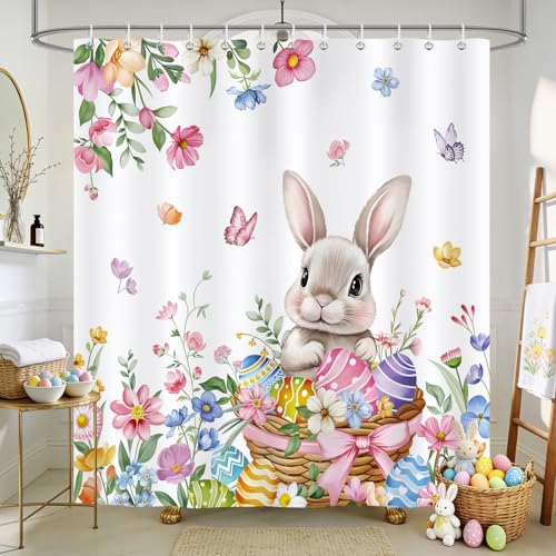 Spring Easter Bunny Shower Curtain - 72x72 Waterproof Fabric with 12 Hooks